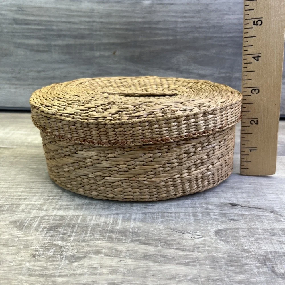 Sweet Grass Woven Basket with Lid 6x5x3x Vintage Primitive Natural Material